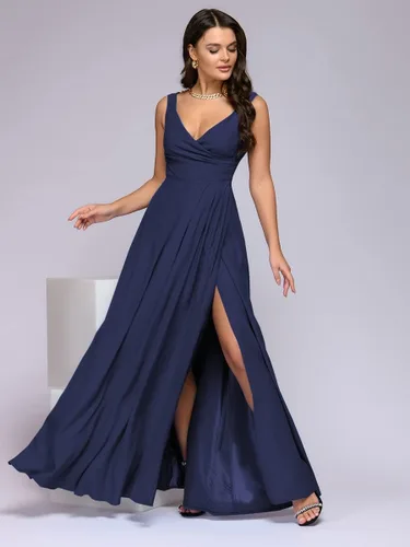 Vista 3 de Vestido largo de manga corta con cuello en V profundo para mujer, plisado, cintura alta, abertura, club, fiesta, noche, vestido largo, Corteza azul