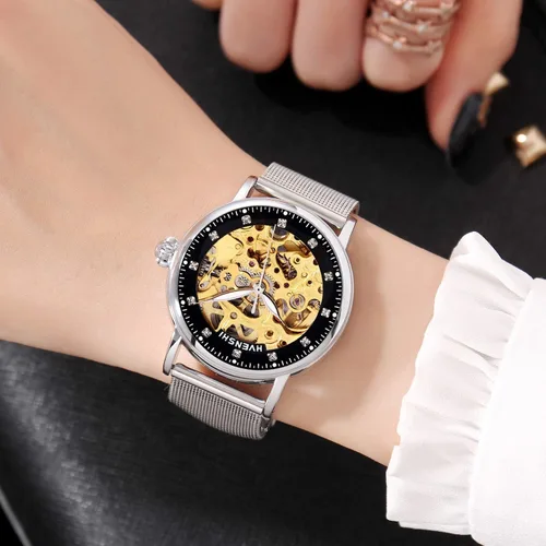 Vista 4 de RORIOS Reloj mecánico automático para mujer, esfera esquelética, correa de acero inoxidable, relojes de pulsera para mujer