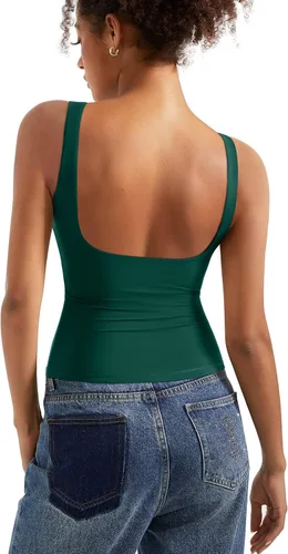 Vista 11 de SUUKSESS Camisetas sin mangas con respaldo abierto y cuello barco acolchado para mujer, con doble forro, camisas básicas Negro (Black Polka Dots)