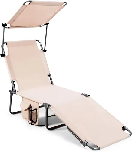 Vista 12 de Giantex Silla bronceadora, tumbona de patio con 5 posiciones ajustables, toldo de sombra, bolsillo de almacenamiento, cuna de campamento, sillón