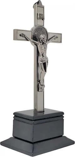 Vista 2 de Dvdmatinemovies - Crucifijo de metal de San Benito - Cruz de pared religiosa de 9 pulgadas y cruz de mesa con Jesucristo e INRI - Crucifijo de metal