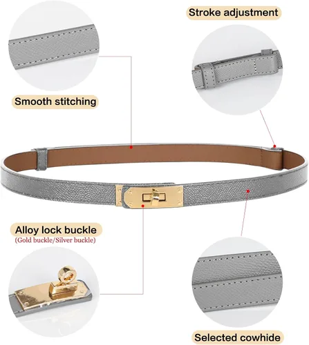 Vista 387 de Cinturón de cuero clásico con hebilla de metal para mujer con vestido de jeans