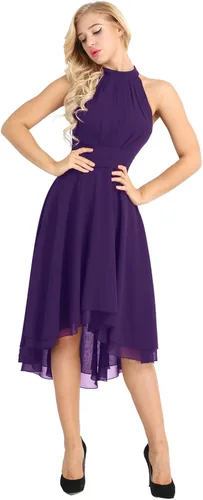 Vista 3 de YONGHS Vestido de dama de honor alto y bajo halter de las mujeres vestido corto de fiesta de baile vestido de regreso a