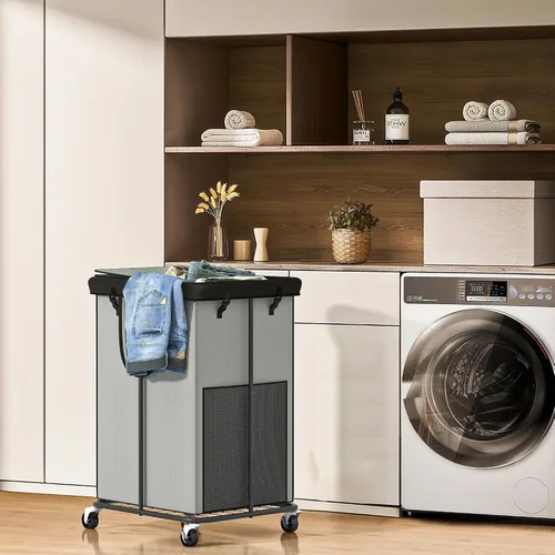 Vista 7 de Cestos grandes para la ropa sucia con tapa, cestas de tela Oxford, marco de metal y diseño de bolsa extraíble con ruedas, adecuadas para dormitorio
