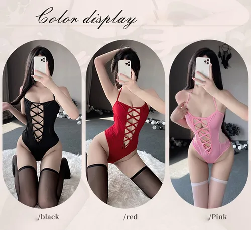 Vista 4 de SINGUYUN Body de anime para cosplay, lencería para mujer, vestido kawaii, con cordones, hueco japonés, lencería sexy