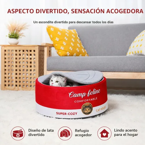 Vista 7 de PECHVINO Cama para gatos en forma de lata con funda de privacidad, cómodo cojín para gatos y perros pequeños