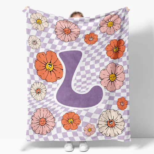 Vista 11 de Manta retro de los años 70 con inicial B floral a cuadros, groovy abstracta estética, manta de franela suave personalizada, regalos con monograma