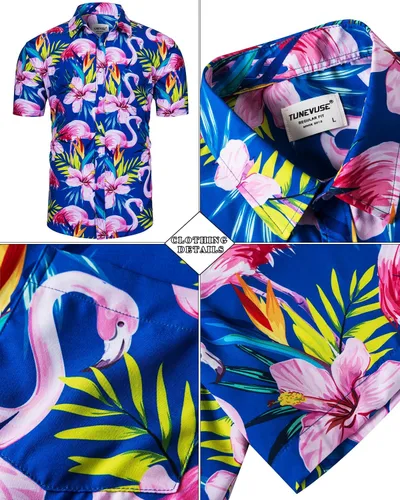 Vista 148 de TUNEVUSE Conjunto de camisas y pantalones cortos hawaianos para hombre, 2 piezas, trajes de playa con estampado de flores, traje tropical de verano