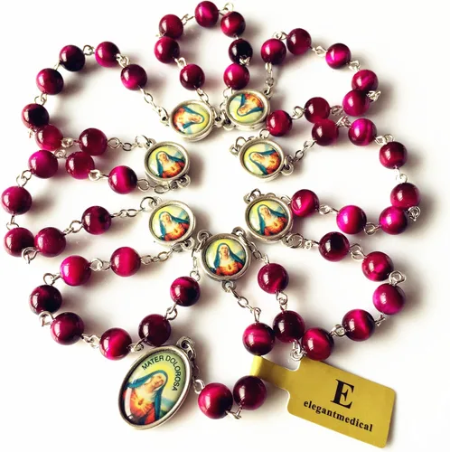 Vista 4 de elegantmedical Hecho a mano con cuentas de jade de ojo de tigre rojo raro, siete penas, medalla de María, rosario, regalo católico, Jade, No es una
