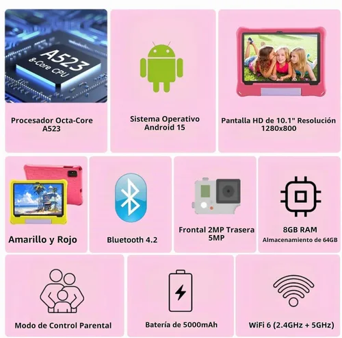 Vista 3 de Tablet para niños de 10 pulgadas, Android 15 Tablets para niños de 3 a 12 años, control parental, aplicaciones para niños precargadas, Octa-Core Rojo