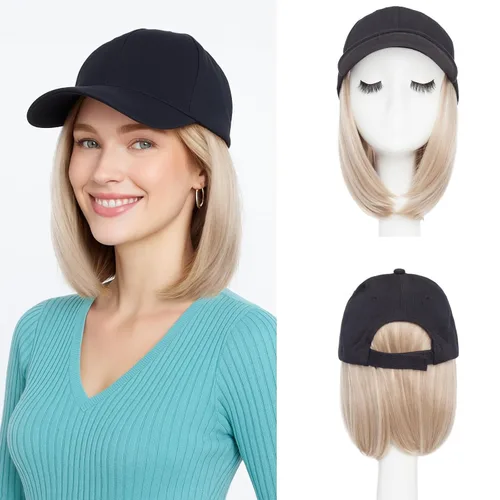Vista 22 de SEGO - Peluca de gorra con pelo adjunto para mujer, gorra negra de béisbol con extensiones de pelo, gorra de béisbol larga y ondulada con ajuste