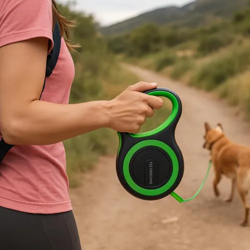 Vista 3 de Correa retráctil para perro, correa de nailon resistente no masticable de 16.4 ft con gancho giratorio de 360°, bloqueo de un solo toque, mango