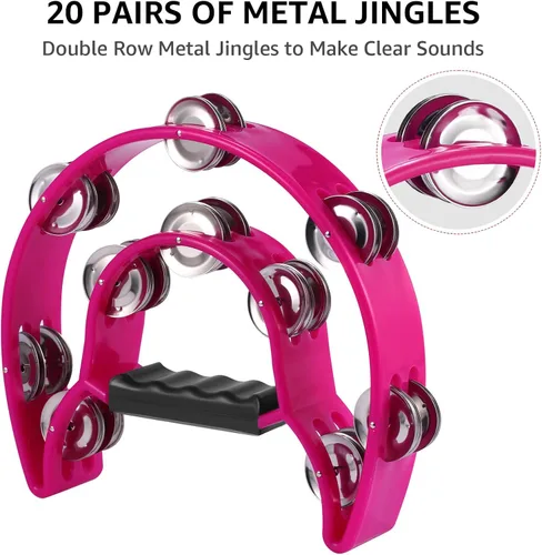 Vista 3 de Pandereta de doble fila, paquete de 2 panderetas de 10 pulgadas para adultos, instrumento musical de media luna con 20 jingles de metal, percusión