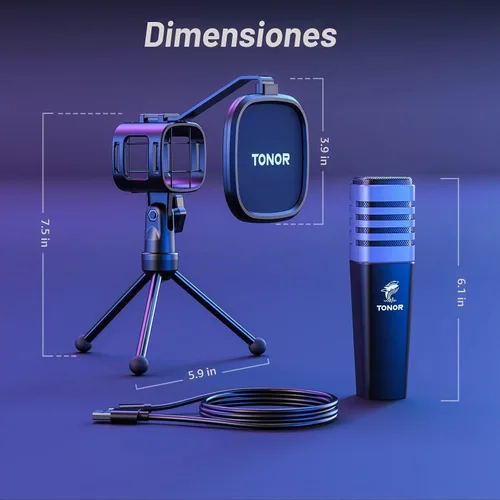 Vista 7 de TONOR Micrófono USB RGB, micrófono de condensador cardioide para computadora PC con soporte para trípode, filtro pop, soporte antivibración
