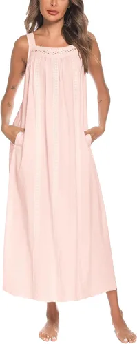Vista 45 de YOZLY Camisones de algodón para mujer con bordado, sin mangas, con bolsillos S-XXXL