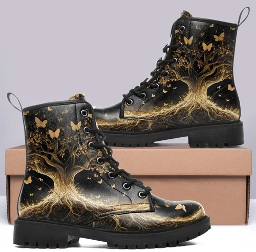 Vista 6 de Botas de Combate Florales de Setas para Mujer - Botas Góticas de Bosque Witchcore Tacón Grueso Cuero Vegano Moda con Cordones Botines Negros