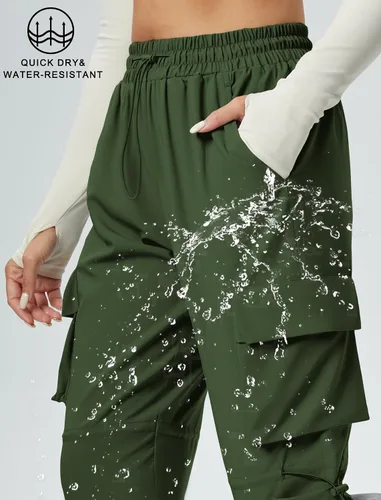 Vista 6 de Pantalones cargo de secado rápido, ligeros, tácticos, con 6 bolsillos, para mujer, cintura elástica y resistente al agua
