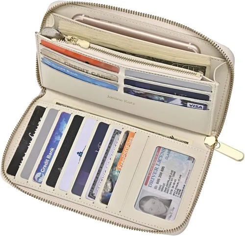 Vista 2 de Cartera de viaje de piel auténtica de lujo con cremallera alrededor Organizador de tarjetas de gran capacidad Clutch clásico para hombres