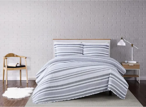 Vista 7 de TRULY SOFT Curtis Stripe - Juego de edredón de 2 piezas de poliéster blanco y gris, tamaño individual XL, con temática de rayas, para hombres