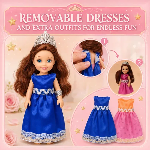 Vista 6 de TOMLEON Juego de muñecas de princesa, 6 muñecas de princesa con vestidos coloridos, coronas y joyas, juego de rol de fantasía para niños