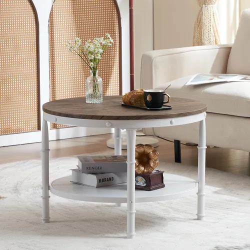Vista 8 de VINGLI - Mesa de café de granja redonda de nogal oscuro y blanco de 25.6", mesa de centro con 2 estantes de almacenamiento para sala de estar