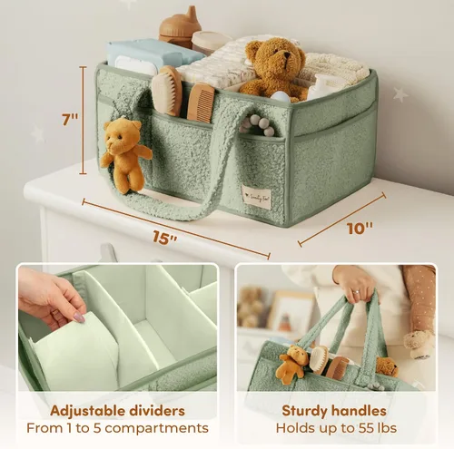 Vista 3 de Organizador de pañales para bebé Sweety Fox con asa - Canasta portátil de Sherpa para guardería - Organizador de pañales para automóvil, canasta
