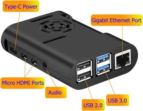 Vista 4 de Funda Raspberry Pi 4 con ventilador de refrigeración y disipador térmico para Pi 4B