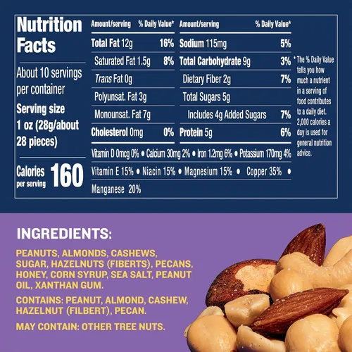Vista 2 de PLANTERS Mezcla de nueces tostadas con miel, aperitivos para fiesta, proteína a base de plantas, recipiente de 10 onzas (paquete de 6)