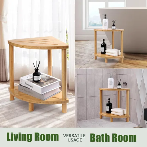 Vista 5 de Taburete de ducha de bambú para ducha interior de 2 niveles, banco de ducha de esquina Waterproof,Shower Foot Rest with Storage,Space-Saving,Bath
