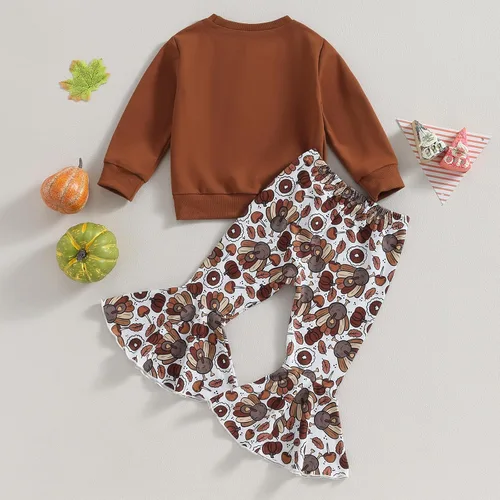 Vista 3 de BemeyourBBs Conjunto de sudadera de manga larga de pavo para niña con pantalones acampanados, ropa de otoño