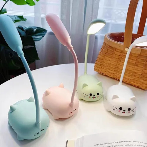 Vista 5 de Neioaas Lámpara LED de escritorio para niños, bonita lámpara de gato luz de lectura recargable por USB, luz de mesa LED portátil, cuello de ganso