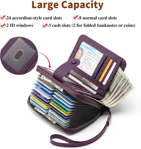 Vista 2 de GAEKEAO Cartera pequeña de cuero para mujer, con bloqueo RFID, con cremallera, organizador de tarjetas con llavero, A05-Púrpura-Large, Retro