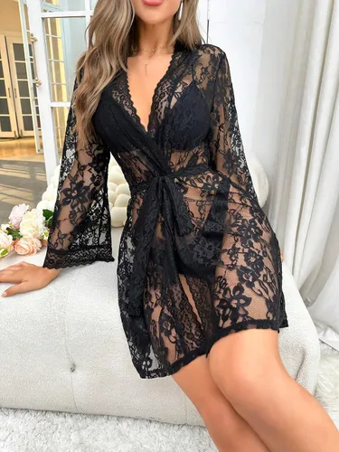 Vista 4 de Verdusa Camisón de encaje transparente festoneado de manga larga para mujer