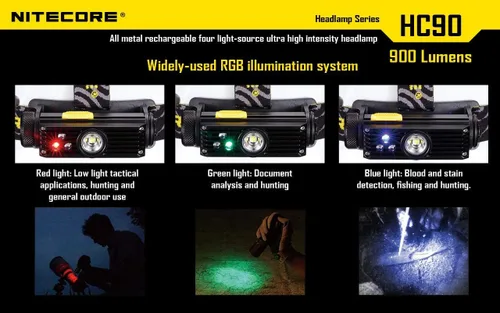 Vista 2 de Paquete económico: NITECORE HC90 recargable cuatro fuentes de luz ultra alta intensidad faro -CREE XM-L2 y RGB LED -900 lúmenes con TIP USB