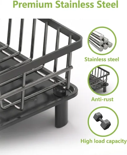 Vista 6 de Escurridor de platos para encimera de cocina, escurridor de acero inoxidable con soporte desmontable para cubiertos, sistema de drenaje automático