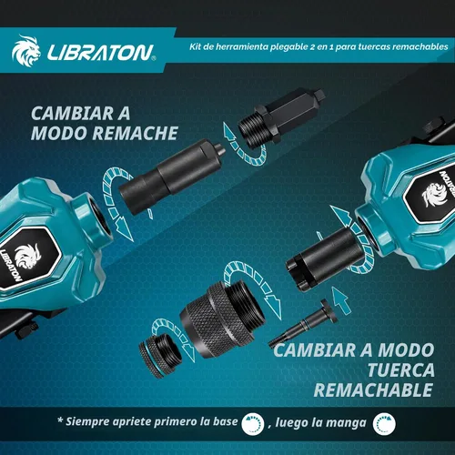 Vista 4 de LIBRATON Herramienta de tuerca de remache 2 en 1 y kit de pistola de remache plegable, con 11 mandriles (métrico y SAE) y 5 piezas de nariz