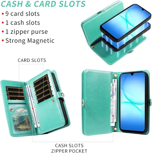 Vista 3 de Asuwish Funda de teléfono para Samsung Galaxy A17 5G con cremallera, funda de celular desmontable con protector de pantalla de vidrio templado Verde