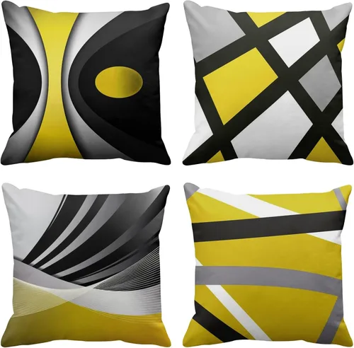Vista 9 de Emvency Juego de 4 fundas de almohada negras modernas abstractas de rayas grises grises grises y blancas de acrílico llamativo, fundas de almohada