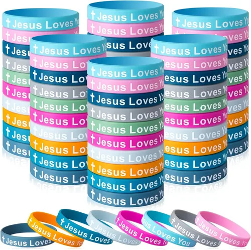 Vista 9 de Jesus Loves You Silicone Wristbands Colorful Rubber Christian Bracelets for Men Women Party Favors