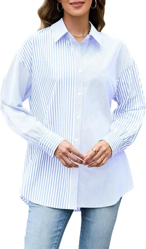 Vista 2 de Camisas a rayas con botones para mujer, de manga larga, de gran tamaño, estilo novio, blusas con cuello sin bolsillos