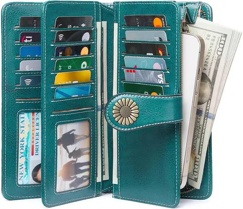Vista 2 de SENDEFN Billeteras de cuero para mujer, tarjetero de crédito con bloqueo RFID, pulsera de gran capacidad with RFID Blocking, Large Capacity