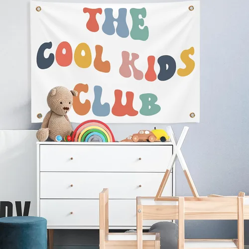 Vista 2 de Yinkin Playroom Decor The Cool Kids Club - Pancarta de pared de 36 x 26 pulgadas, diseño de arco iris, lindo y colorido tapiz para colgar