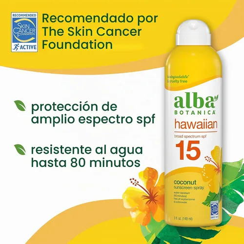 Vista 2 de Alba Botanica - Aerosol de protector solar para cara y cuerpo, protector solar de amplio espectro SPF 15, coco hawaiano, resistente al agua