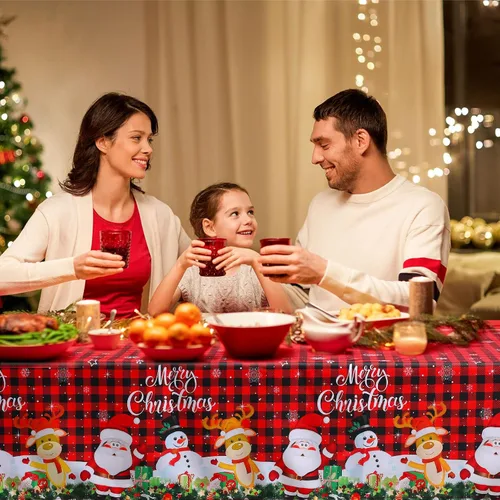 Vista 5 de Tiamon Mantel de Navidad para mesa rectangular, 60 x 104 pulgadas, lavable, diseño de búfalo rojo, muñeco de nieve, Papá Noel, decoración