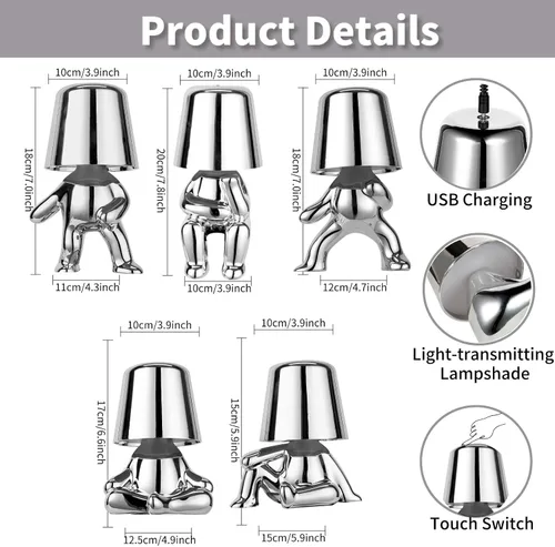 Vista 6 de Thinker Lamp Collection - Lámpara de mesa inalámbrica con estatua de señor plateado, bonita lámpara de escritorio, funciona con pilas, regulable