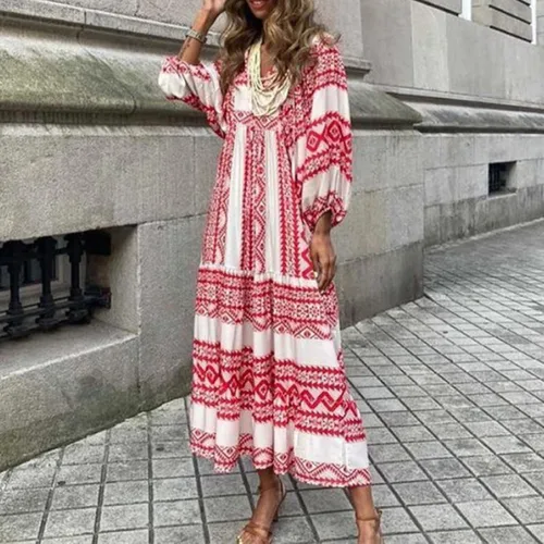 Vista 2 de NUFIWI Vestido largo de verano con cuello en V y manga corta abombada para mujer, estilo bohemio, estampado floral, fruncido, escalonado, vestido