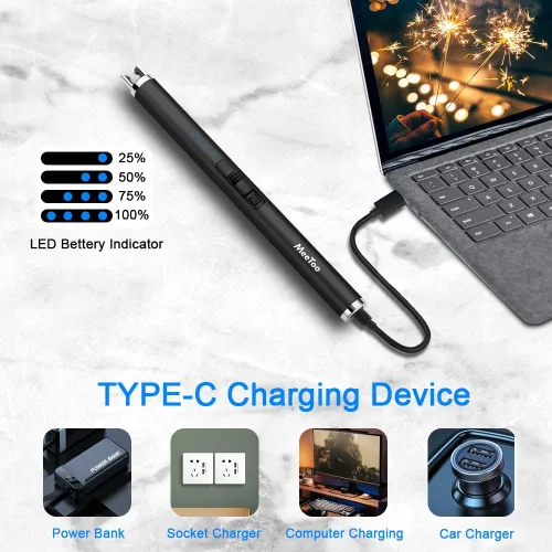 Vista 5 de MeeToo Encendedor eléctrico recargable USB tipo C para velas, Navidad, cocina, camping, fiesta, regalos para esposa, mujeres, hombres, Nana, negro