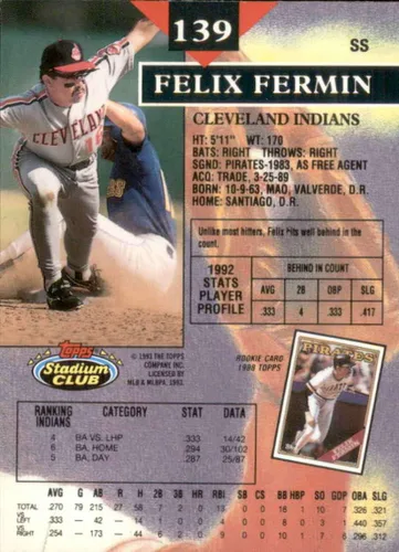 Vista 2 de Baseball MLB 1993 Stadium Club #139 Felix Fermin VG Indians
