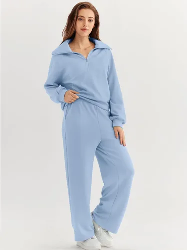 Vista 3 de AUTOMET Conjunto deportivo de 2 piezas para mujer, ropa de descanso, con cremallera de un cuarto, sudadera con pantalones de pierna ancha