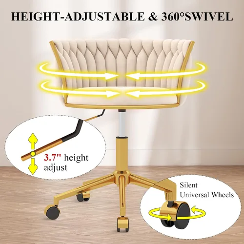 Vista 8 de Silla de escritorio de terciopelo, moderna silla de oficina con ruedas, sillón giratorio de tocador para el hogar con respaldo tejido, asiento